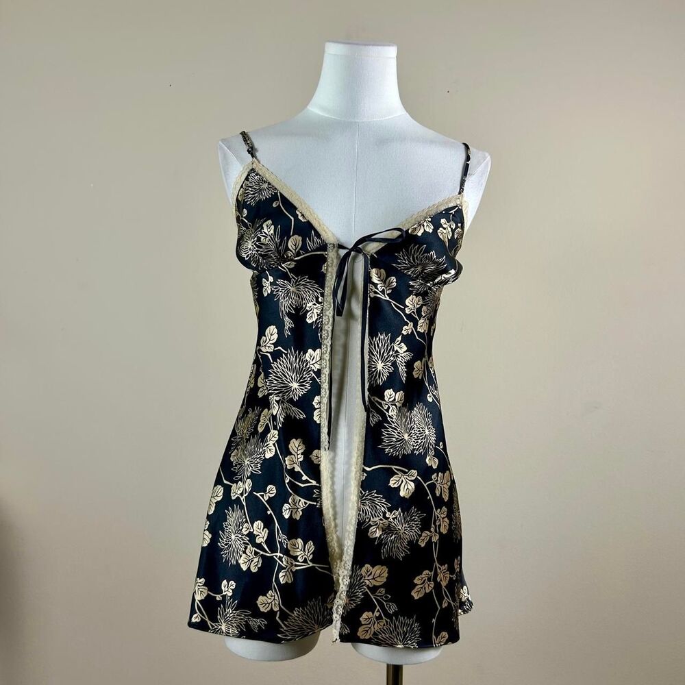 Floral Tan and Black Silky Victoria’s Secret Front Tie Slip